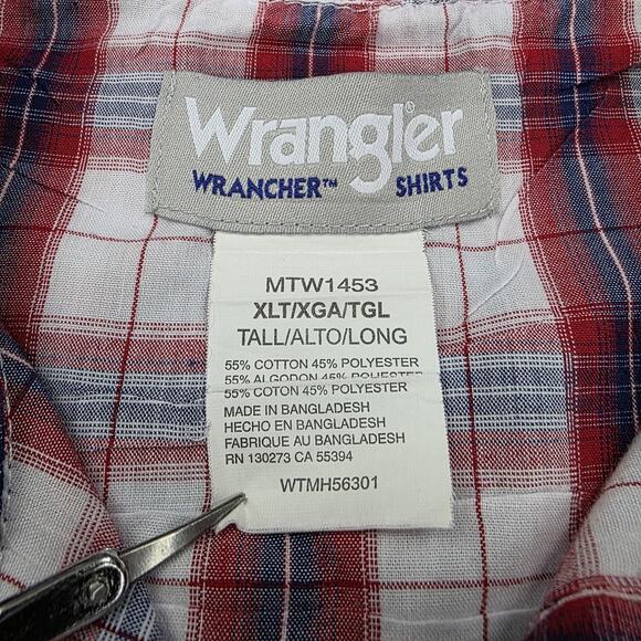 Wrangler Wrancher Shirt Mens XLT Red White Blue Plaid Pearl Snap Western Rodeo - Picture 3 of 15